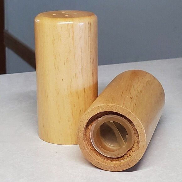 Vintage Light Oak Solid Wood Salt & Pepper Shaker Set Smooth Natural Finish 3.5" - Picture 3 of 6